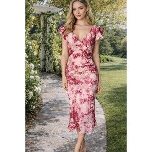 Floral Wrap Midi Dress Pink Red V-Neck Flutter Sleeve Bodycon Spring